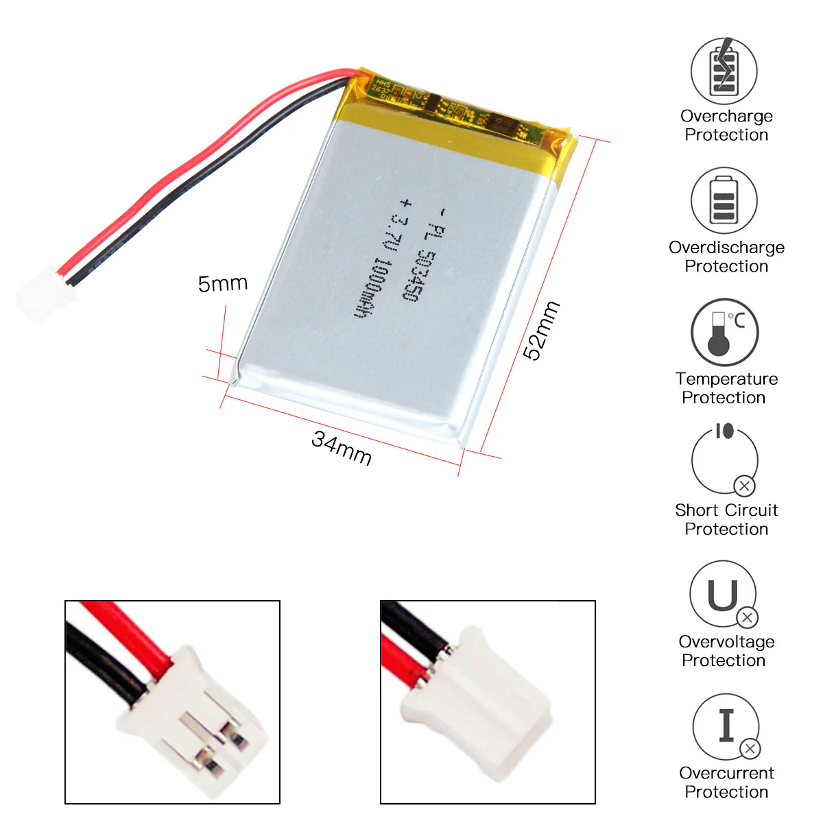 YDL 3.7V 1000mAh 503450 Rechargeable Lithium  Polymer Battery - Image 3