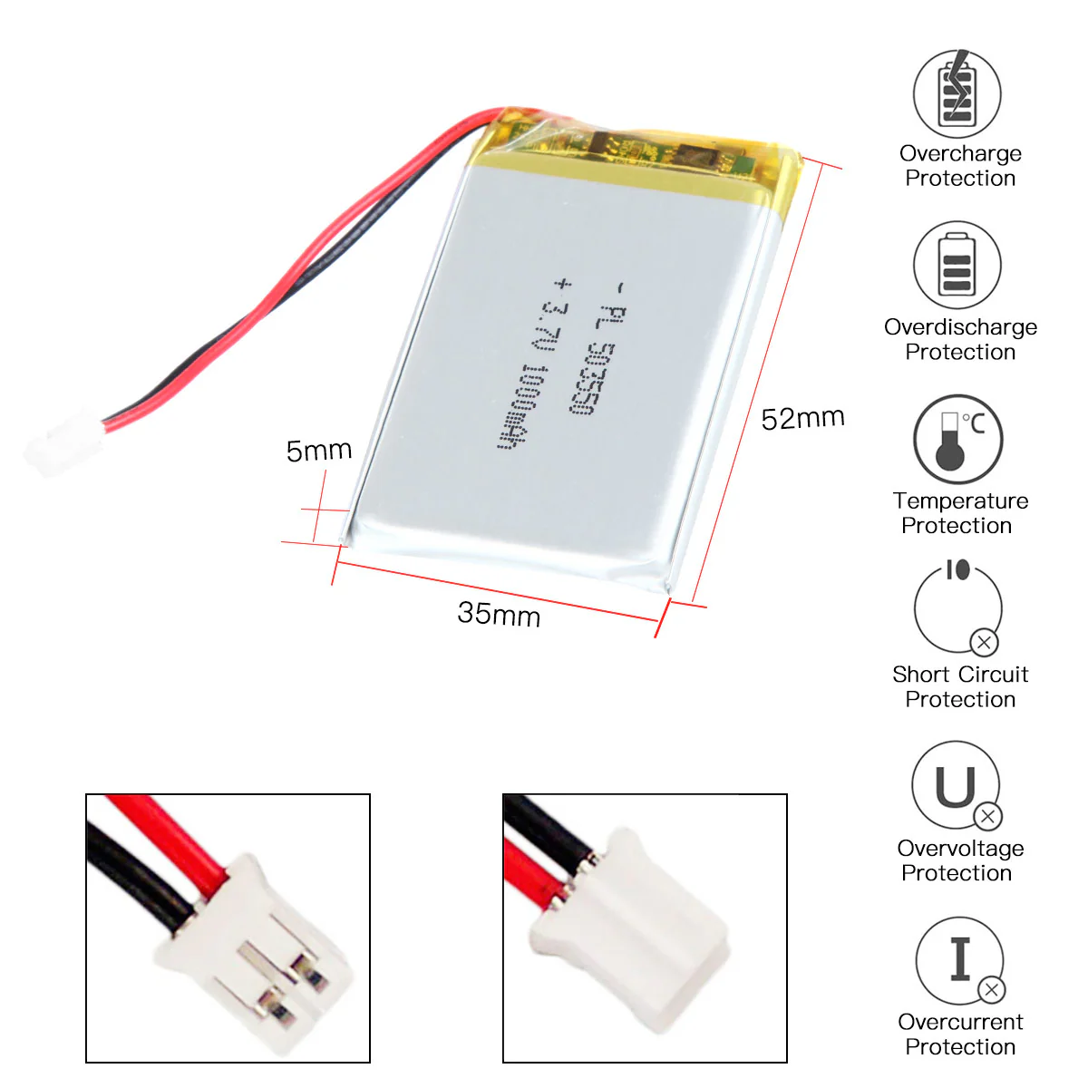 YDL 3.7V 1000mAh 503550 Rechargeable Lithium Polymer Battery Length 52mm - Image 3