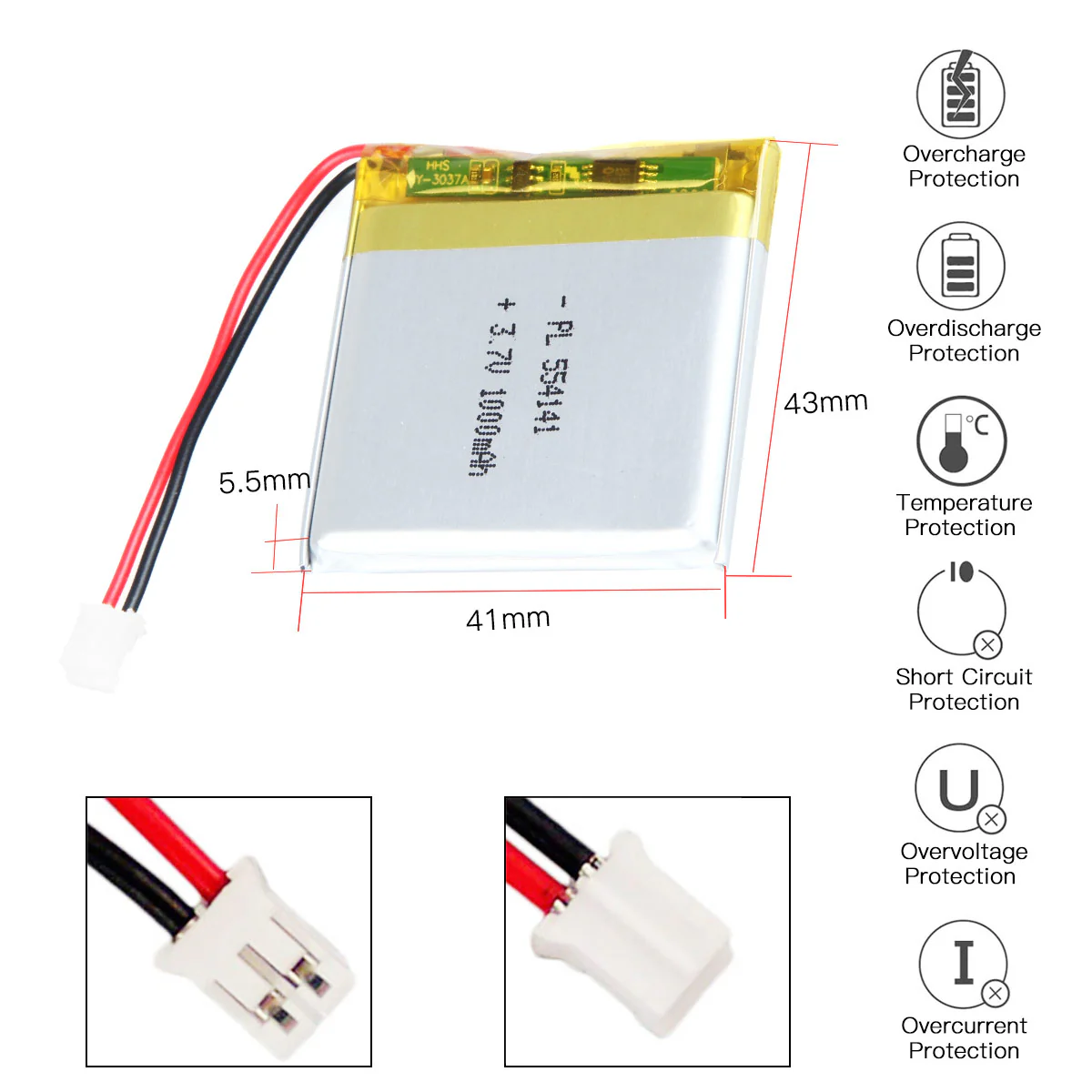 YDL 3.7V 1000mAh 554141 Rechargeable Lithium Polymer Battery Length 43mm - Image 3
