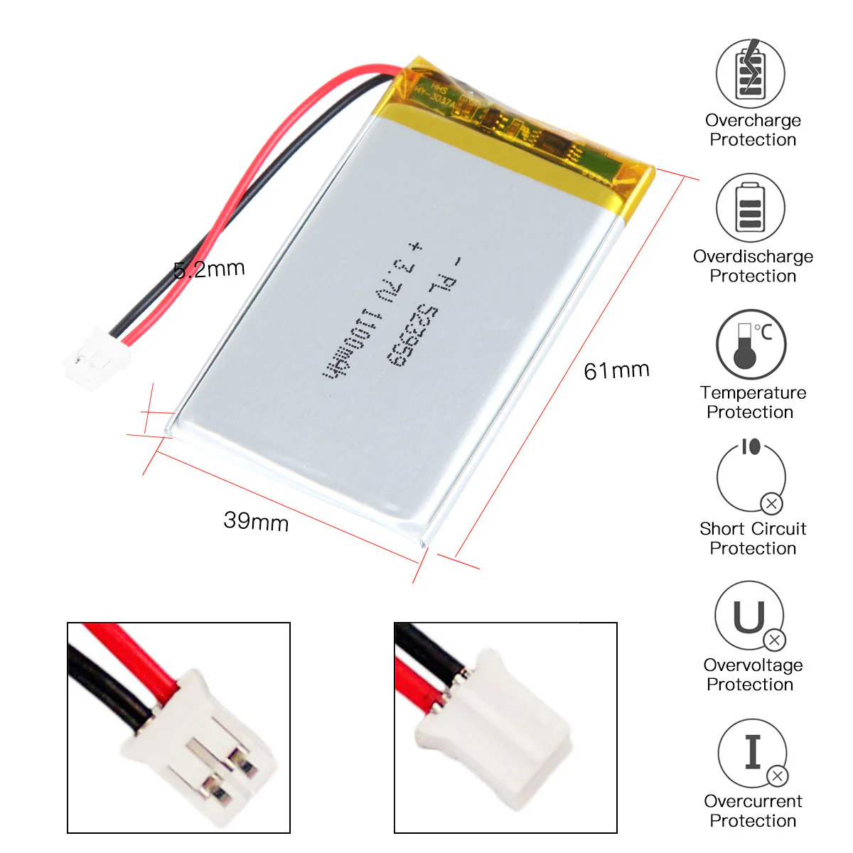 YDL 3.7V 1100mAh 523959 Rechargeable Lithium Polymer Battery Length 61mm - Image 3