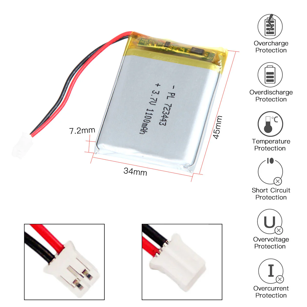 YDL 3.7V 1100mAh 723443 Rechargeable Lithium Polymer Battery Length 45mm - Image 3