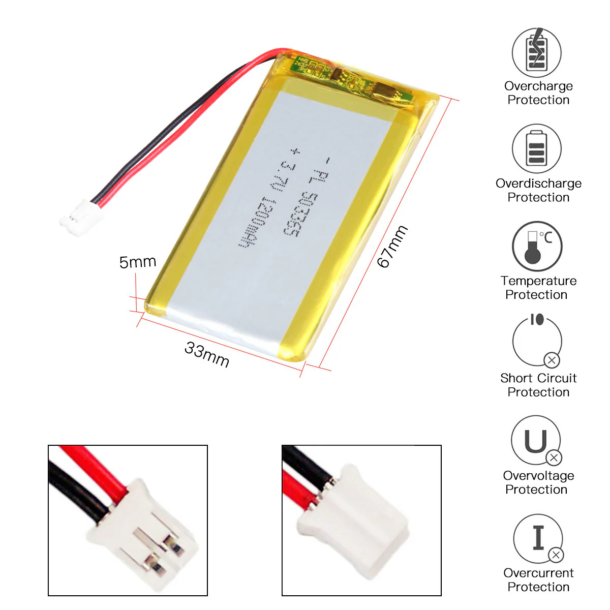 YDL 3.7V 1200mAh 503365 Rechargeable Lithium Polymer Battery Length 67mm - Image 3