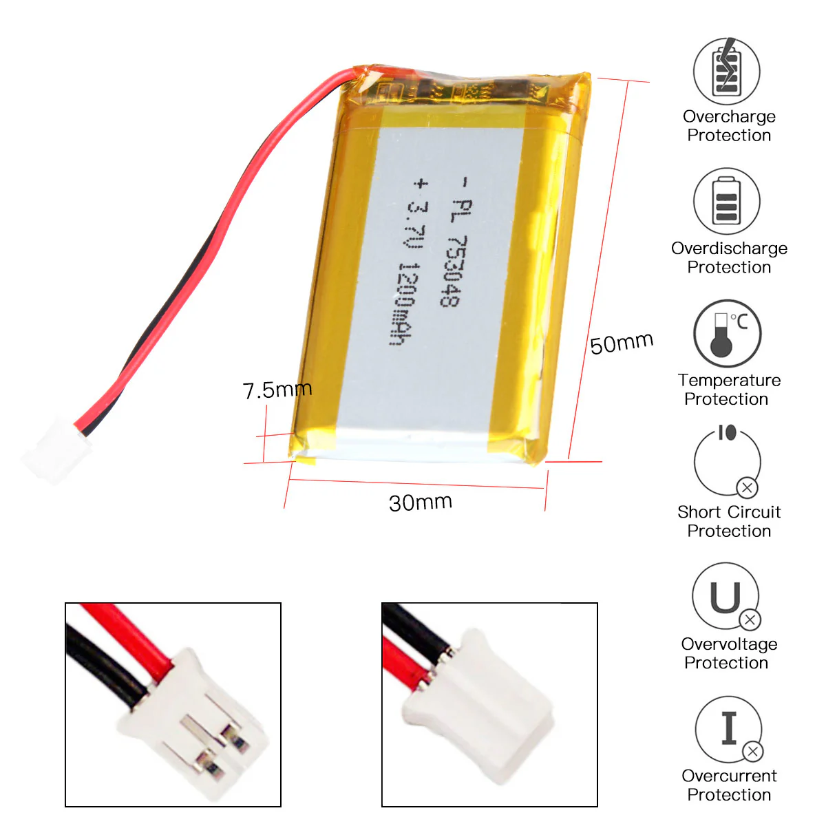 YDL 3.7V 1200mAh 753048 Rechargeable Lithium Polymer Battery - Image 3