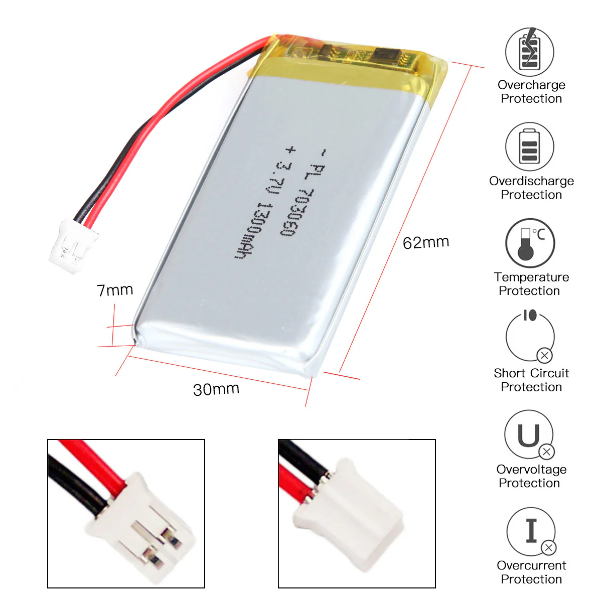 YDL 3.7V 1300mAh 703060 Rechargeable Lithium Polymer Battery - Image 3