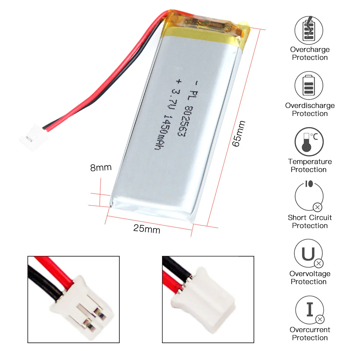 YDL 3.7V 1450mAh 802563 Rechargeable Lithium Polymer Battery - Image 4