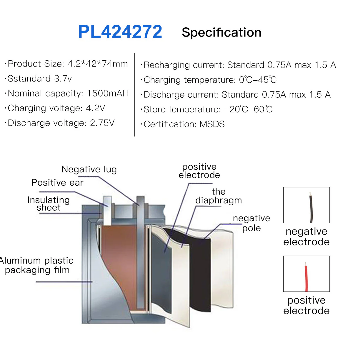 YDL 3.7V 1500mAh 424272 Rechargeable Lithium Polymer Battery Length 74mm - Image 6
