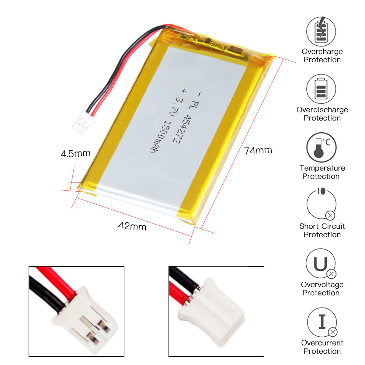 YDL 3.7V 1500mAh 454272 Rechargeable Lithium Polymer Battery Length 74mm - Image 4