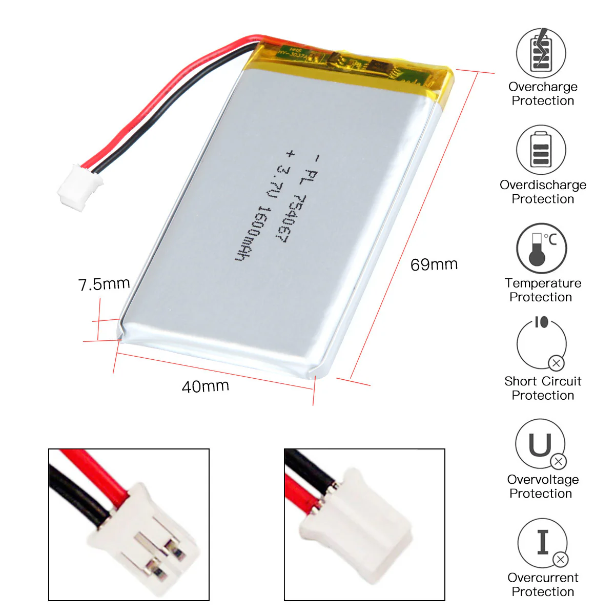 YDL 3.7V 1600mAh 754067 Rechargeable Lithium Polymer Battery - Image 4