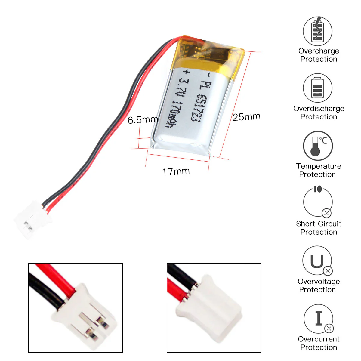 YDL 3.7V 170mAh 651723 Rechargeable Lithium Polymer Battery Length 25mm - Image 4