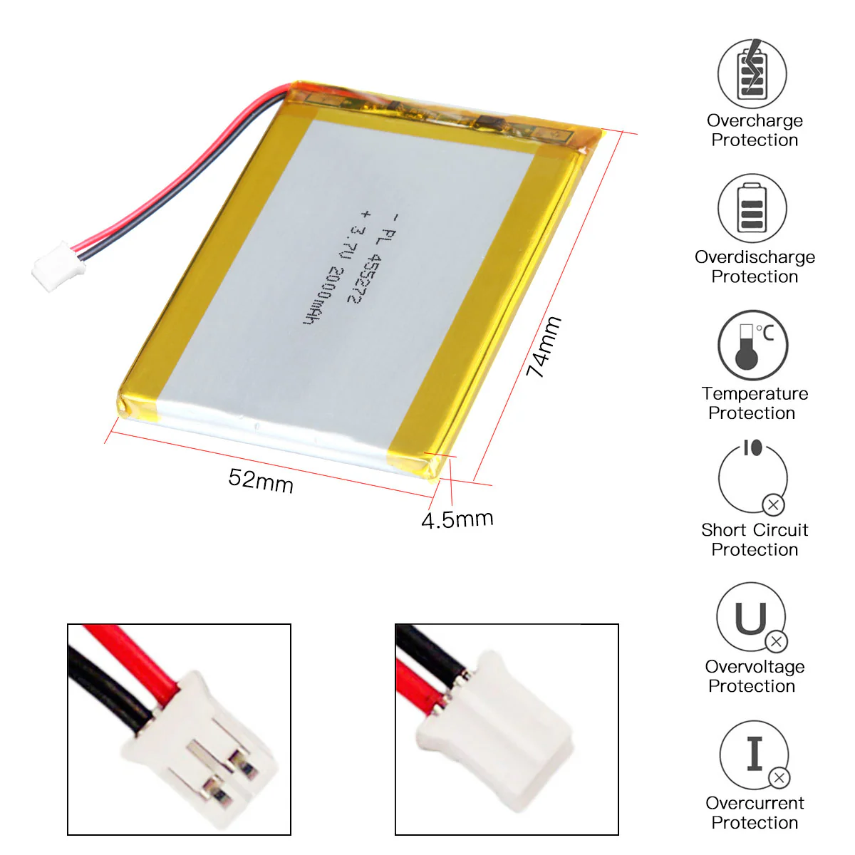 YDL 3.7V 2000mAh 455272 Rechargeable Lithium Polymer Battery Length 74mm - Image 4