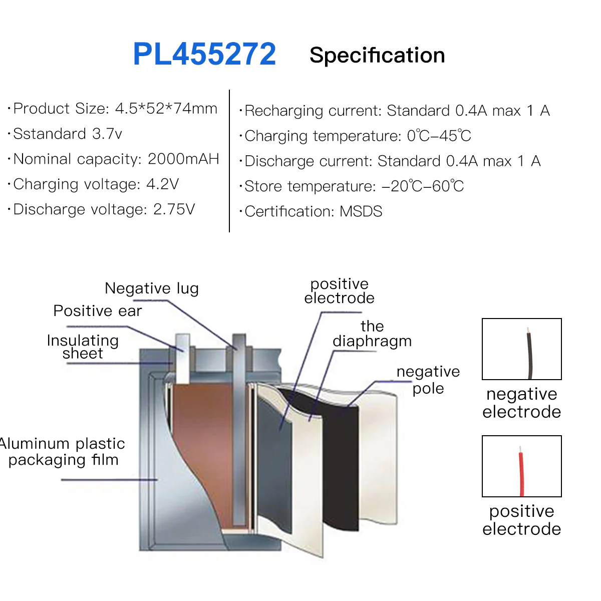YDL 3.7V 2000mAh 455272 Rechargeable Lithium Polymer Battery Length 74mm - Image 7