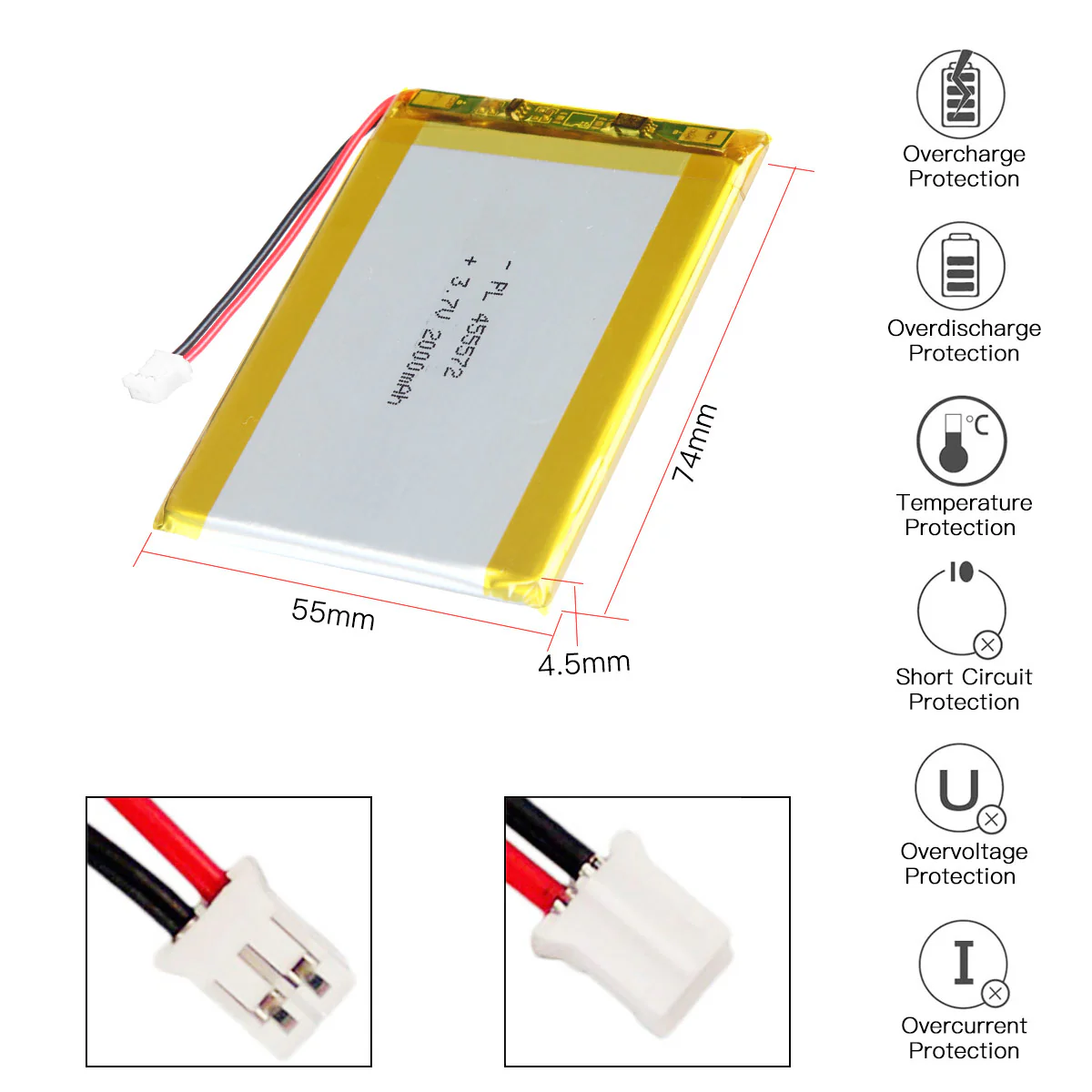 YDL 3.7V 2000mAh 455572 Rechargeable Lithium Polymer Battery Length 74mm - Image 4