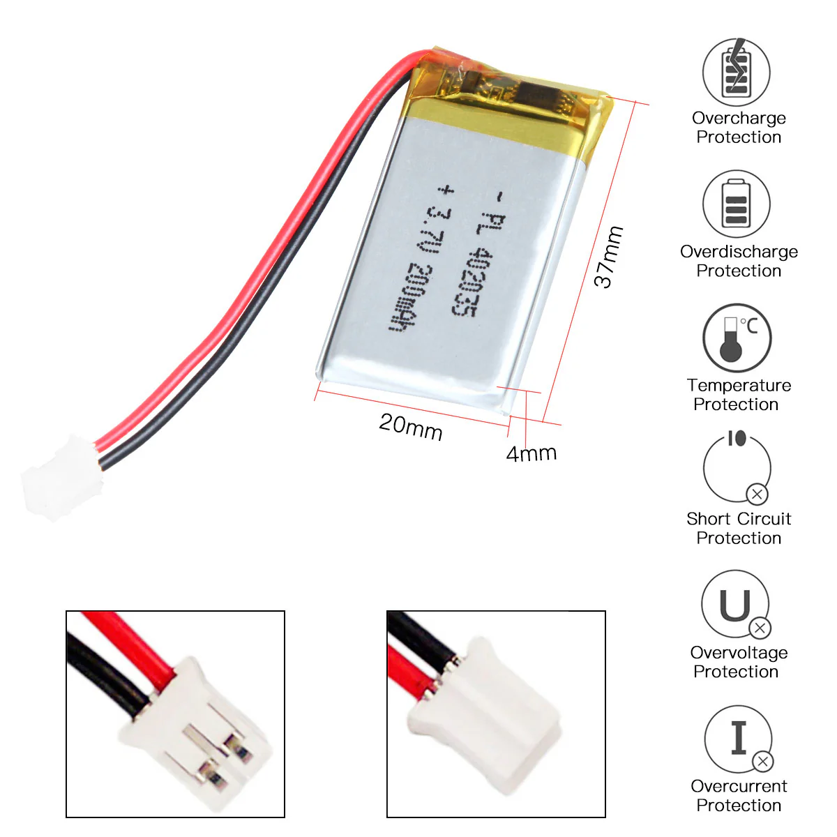 YDL 3.7V 200mAh 402035 Rechargeable Lithium Polymer Battery Length 37mm - Image 3