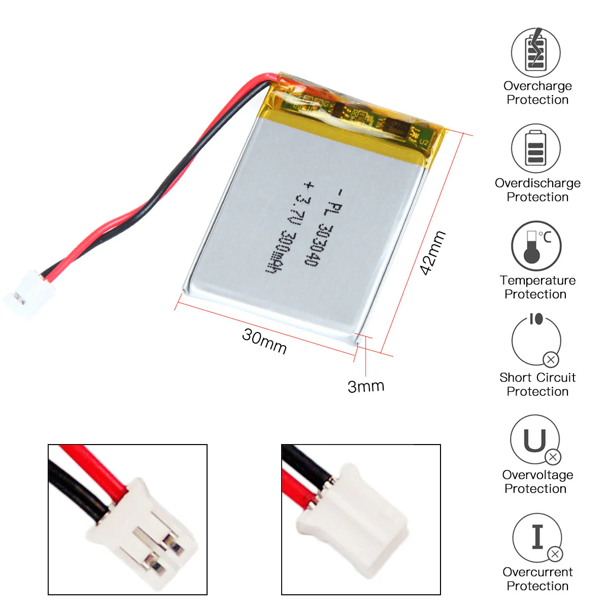 YDL 3.7V 300mAh 303040 Rechargeable Lithium Polymer Battery Length 42mm - Image 3