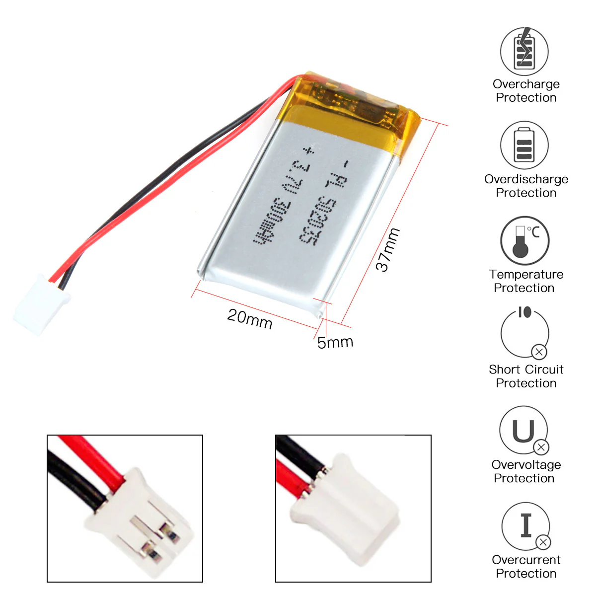 YDL 3.7V 300mAh 502035 Rechargeable Lithium  Polymer Battery - Image 3