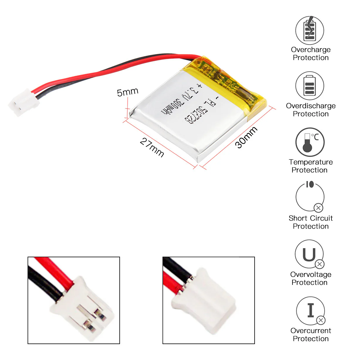 YDL 3.7V 360mAh 502728 Rechargeable Lithium  Polymer Battery Length 30mm - Image 3