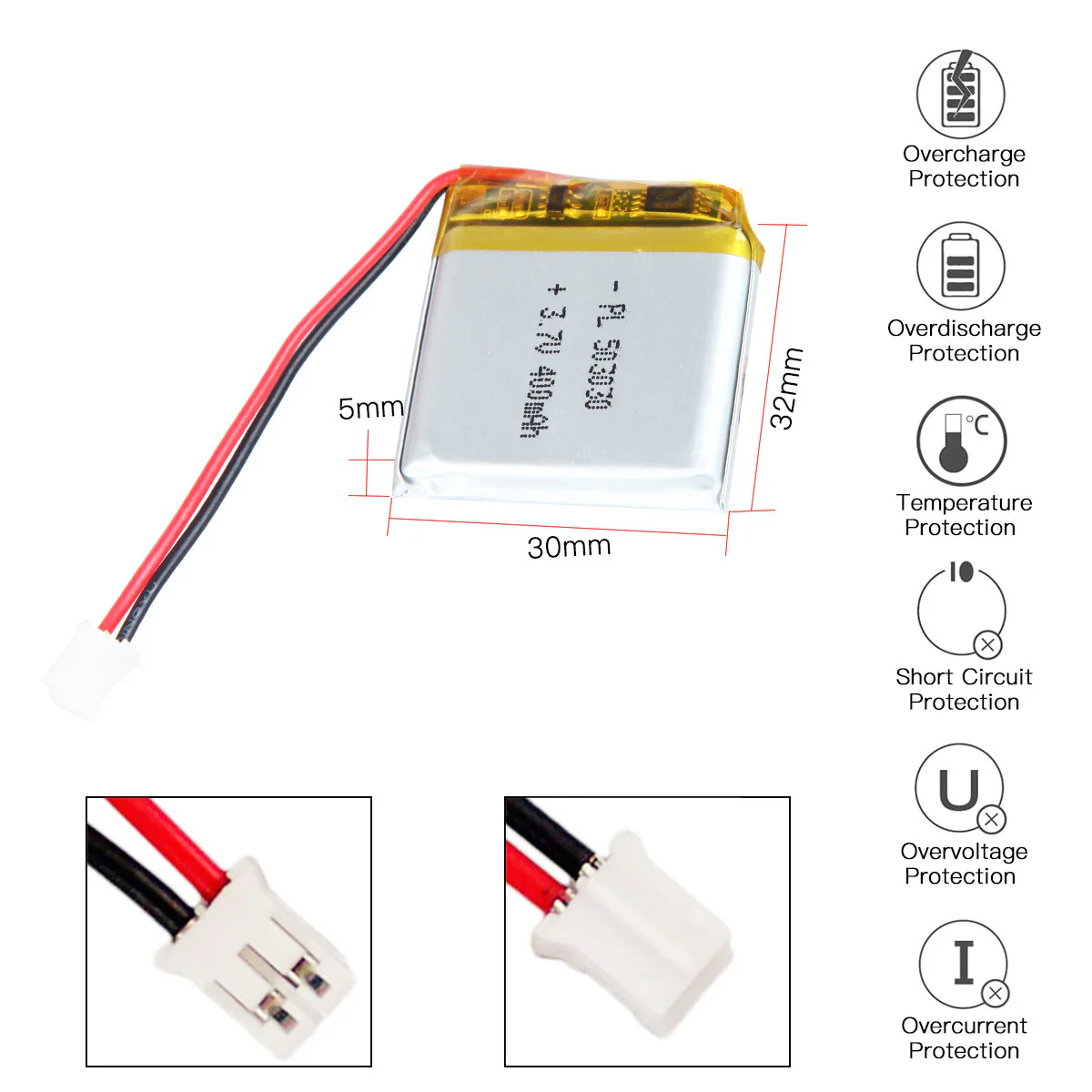 YDL 3.7V 400mAh 503030 Rechargeable Lithium Polymer Battery Length 32mm - Image 3