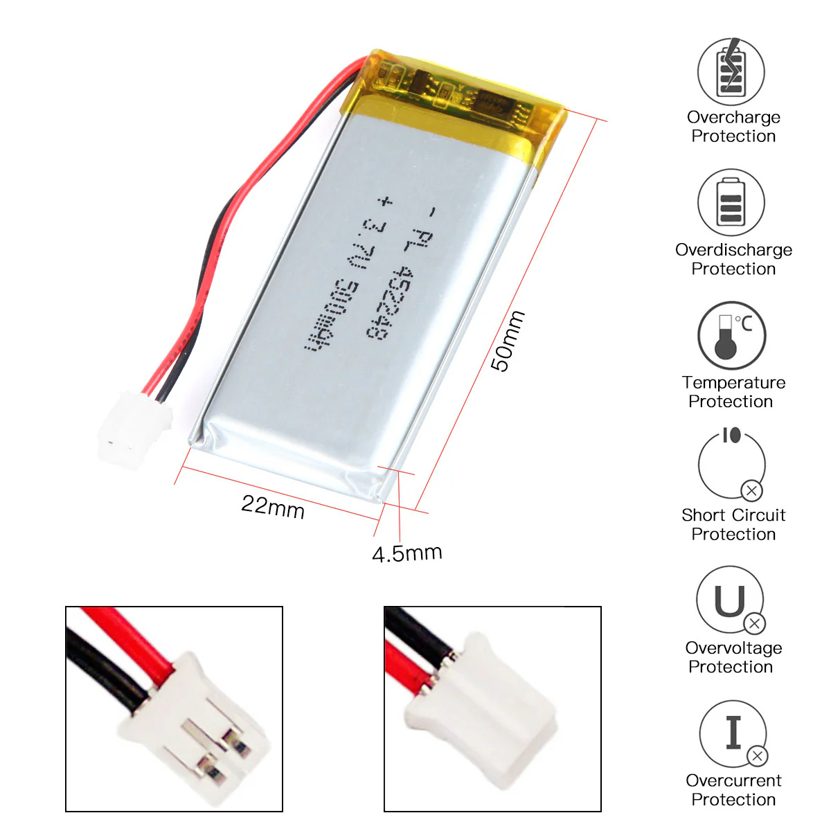 YDL 3.7V 500mAh 452248 Rechargeable Lithium Polymer Battery Length 50mm - Image 3