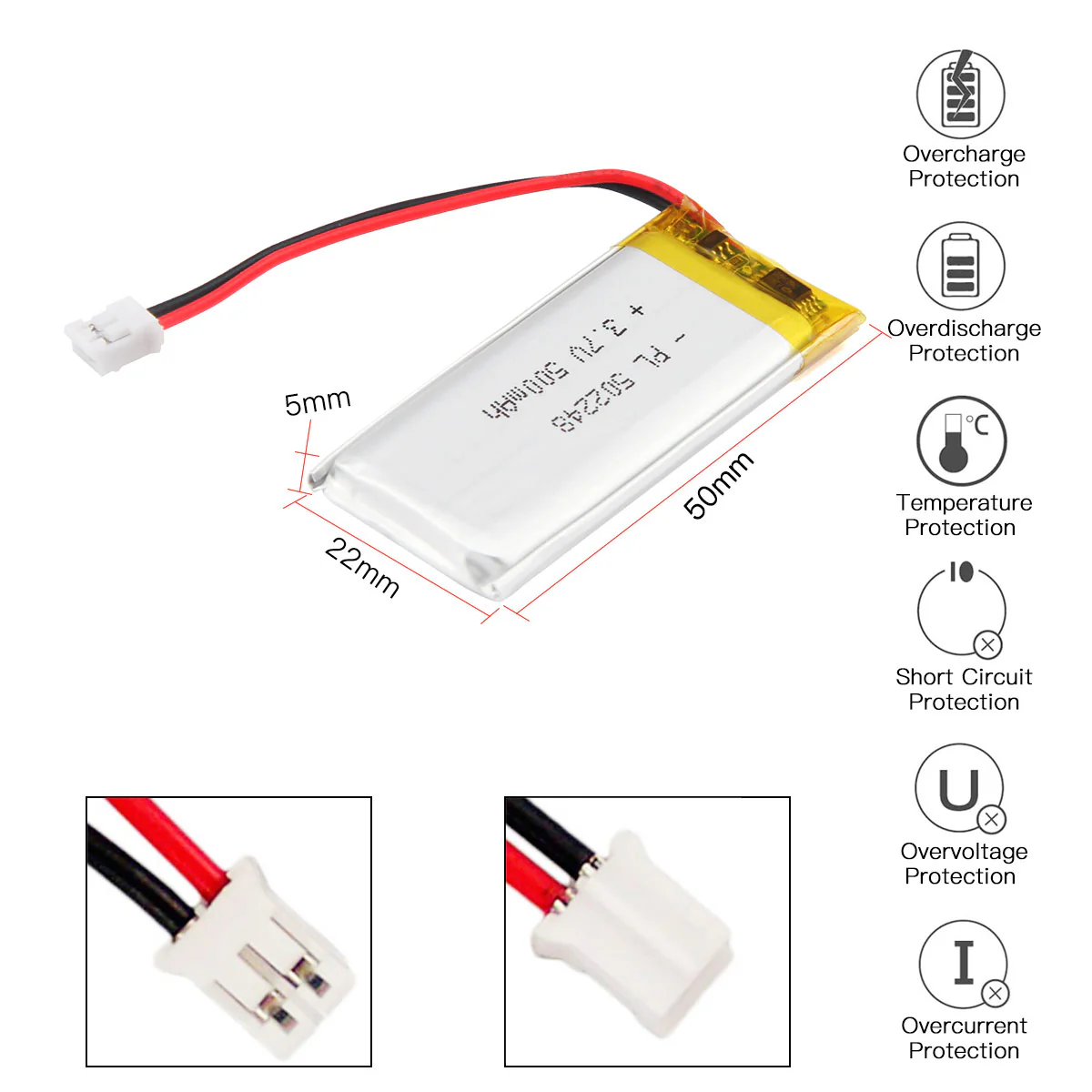 YDL 3.7V 500mAh 502248 Rechargeable Lithium Polymer  Battery Length 50mm - Image 3