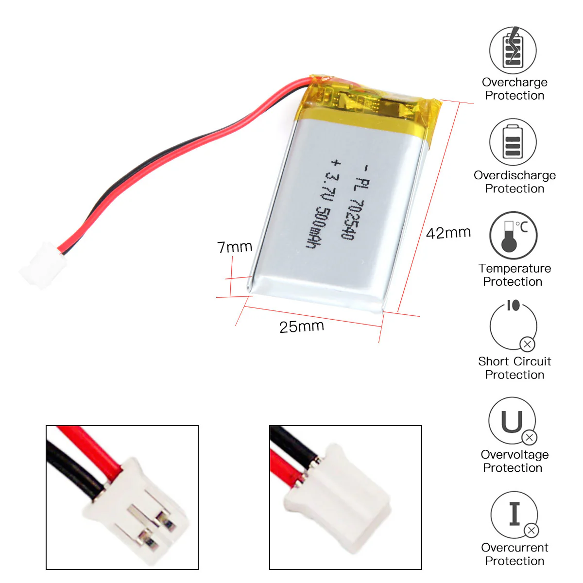 YDL 3.7V 500mAh 702540 Rechargeable Lithium Polymer Battery Length 42mm - Image 3