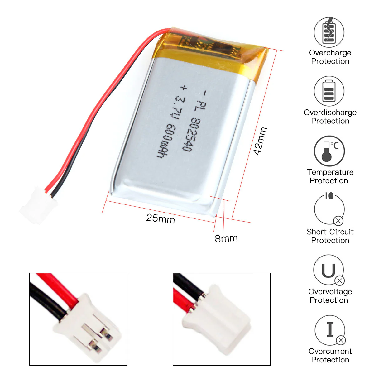 YDL 3.7V 600mAh 802540 Rechargeable Lithium  Polymer Battery - Image 3
