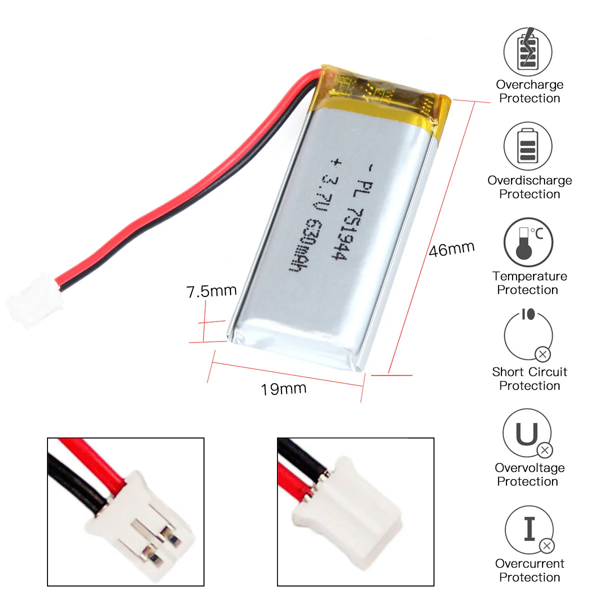 YDL 3.7V 630mAh 751944 Rechargeable Lithium Polymer Battery - Image 3