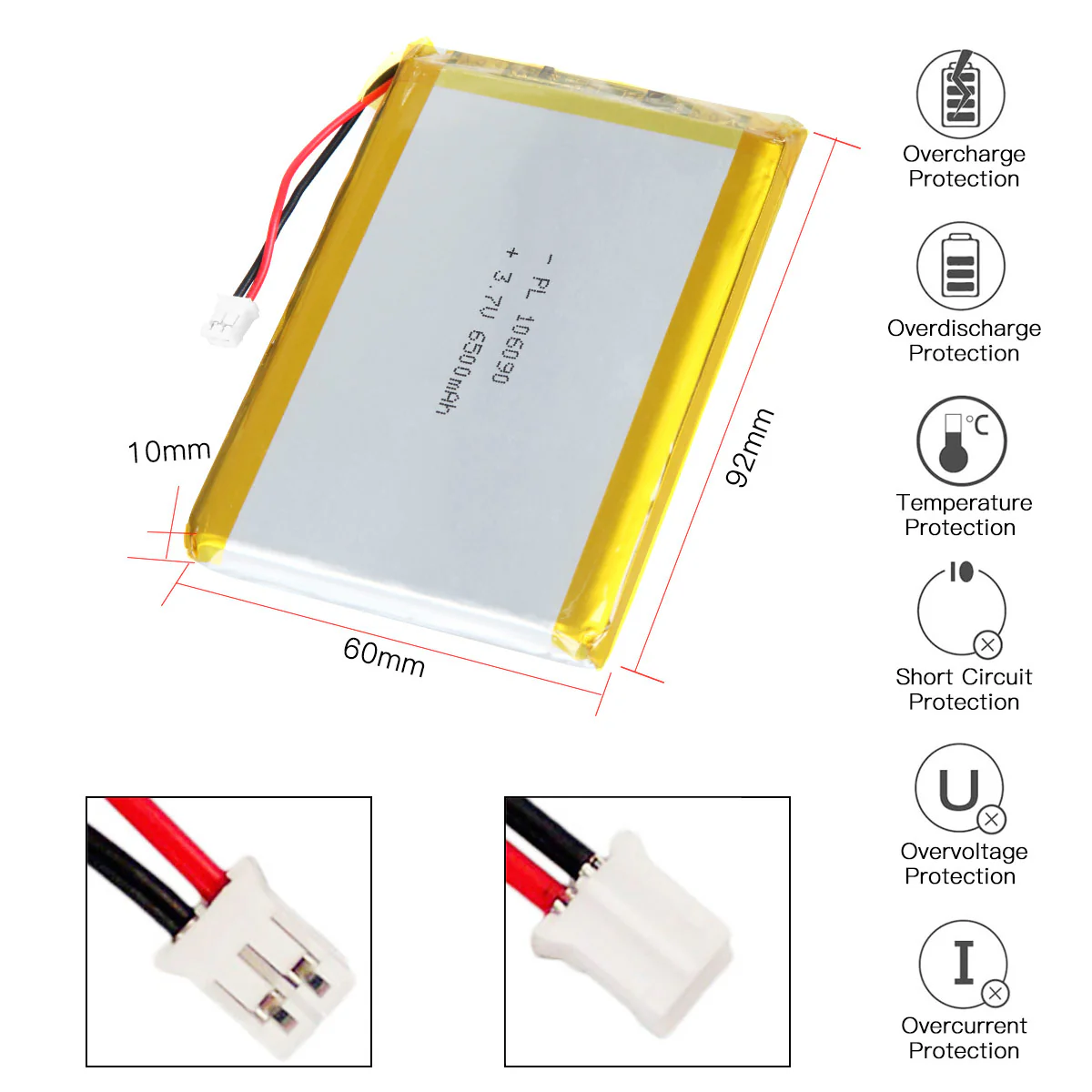 YDL 3.7V 6500mAh 106090 Rechargeable Lithium Polymer Battery Length 92mm - Image 3