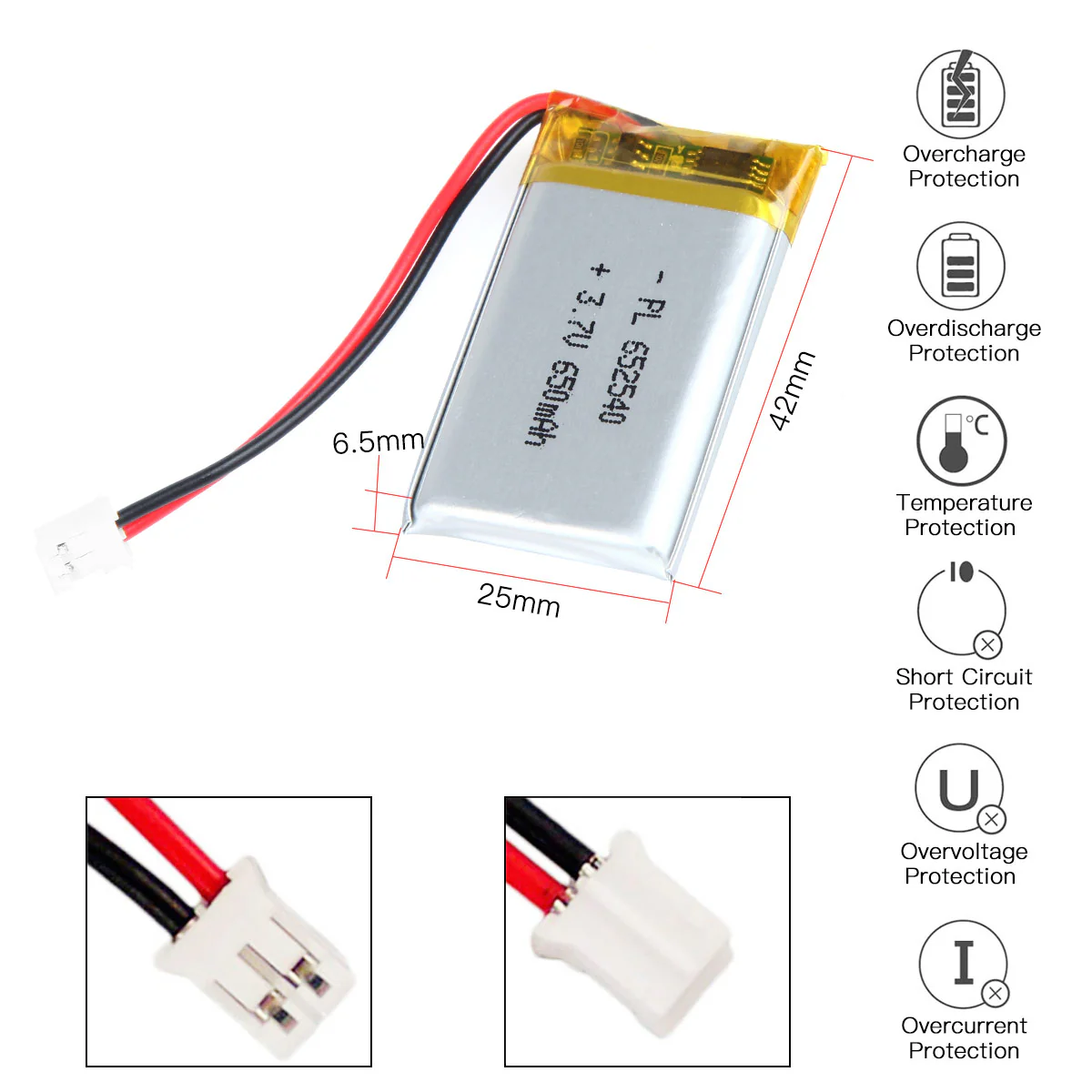YDL 3.7V 650mAh 652540 Rechargeable Lithium  Polymer Battery Length 42mm - Image 3