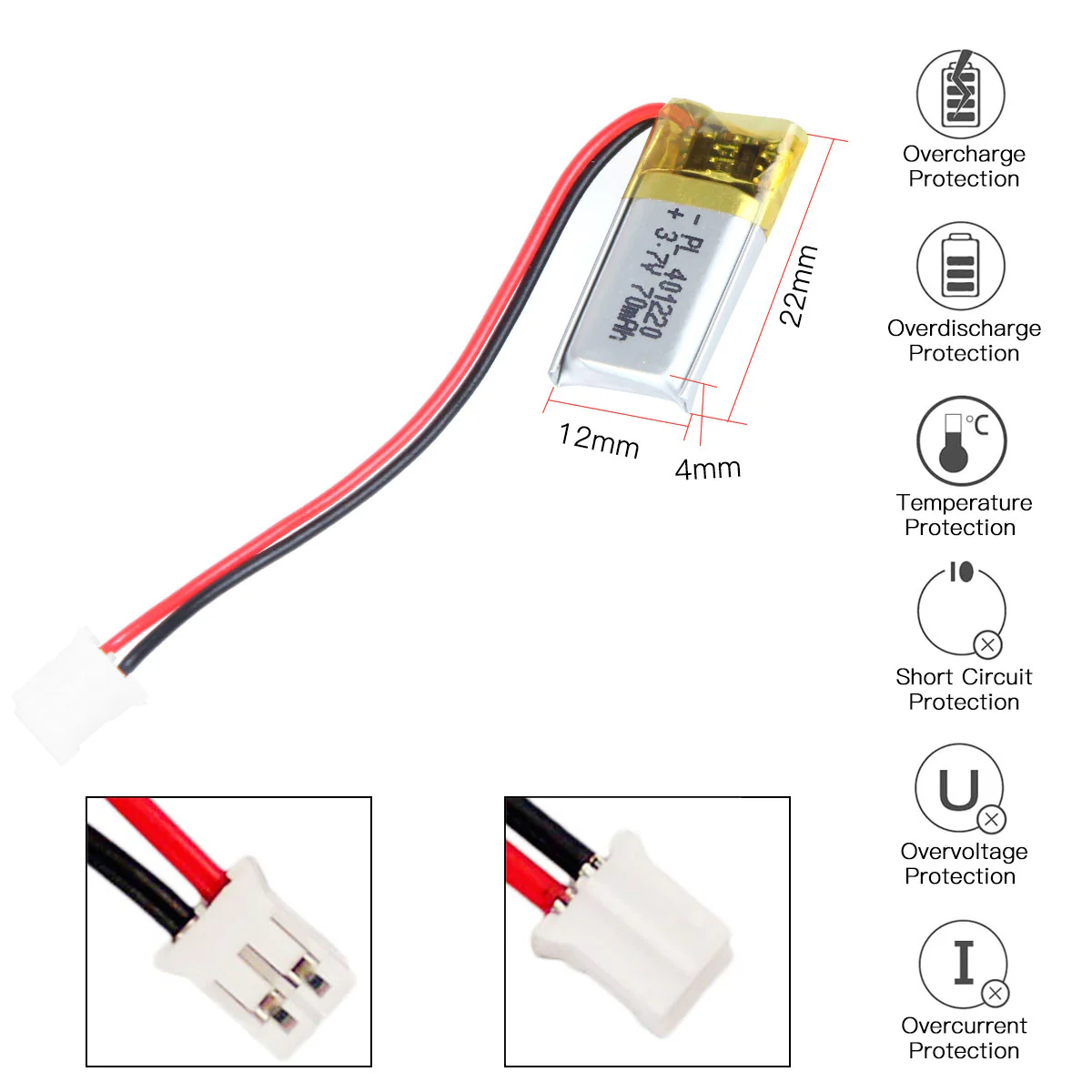 YDL  3.7V 70mAh 401220 Rechargeable Lithium Polymer Battery Length 22mm - Image 3