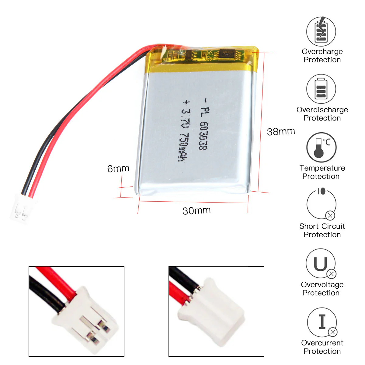 YDL 3.7V 750mAh 603038 Rechargeable Lithium Polymer Battery Length 40mm - Image 3