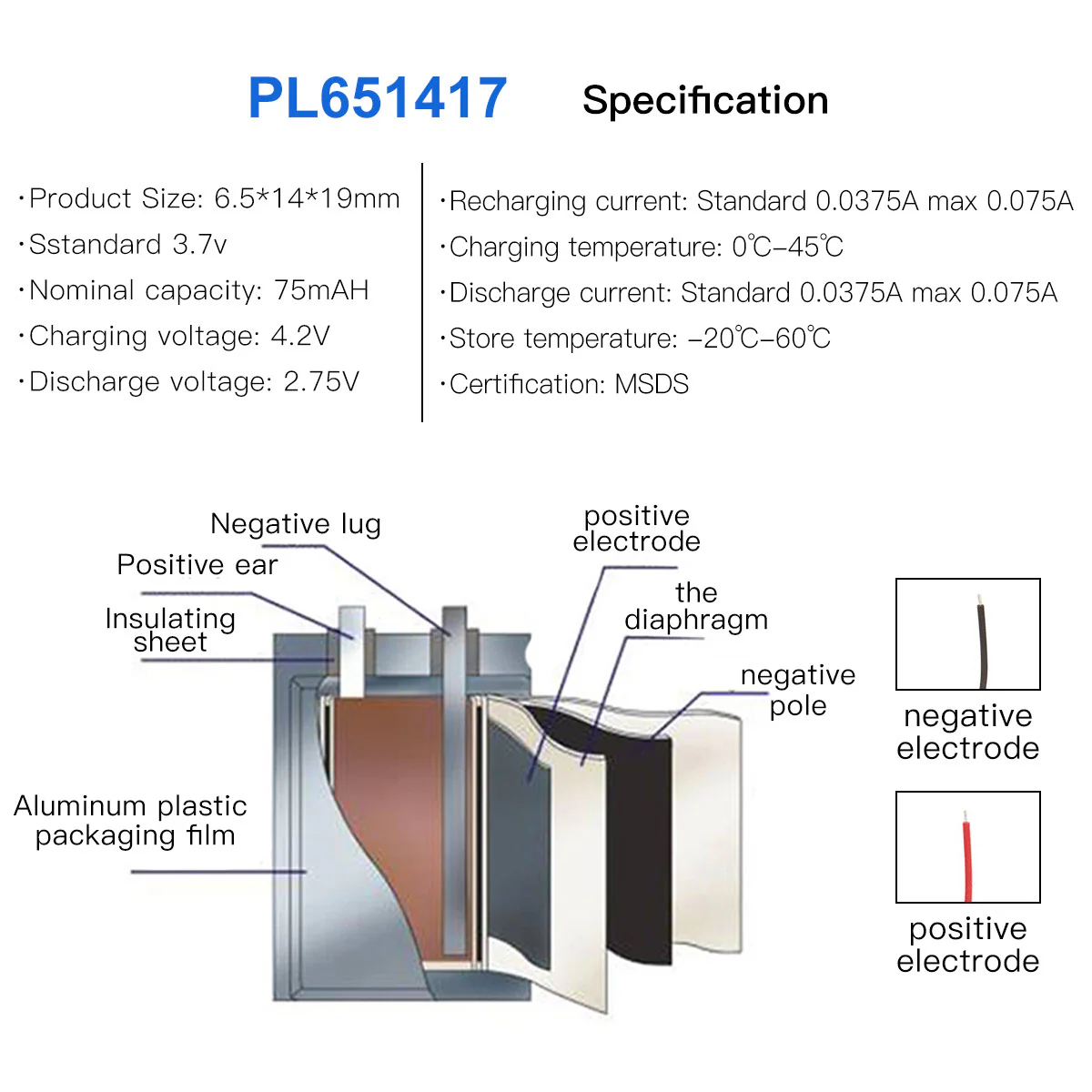 YDL 3.7V 75mAh 651417 Rechargeable Lithium  Polymer Battery - Image 6