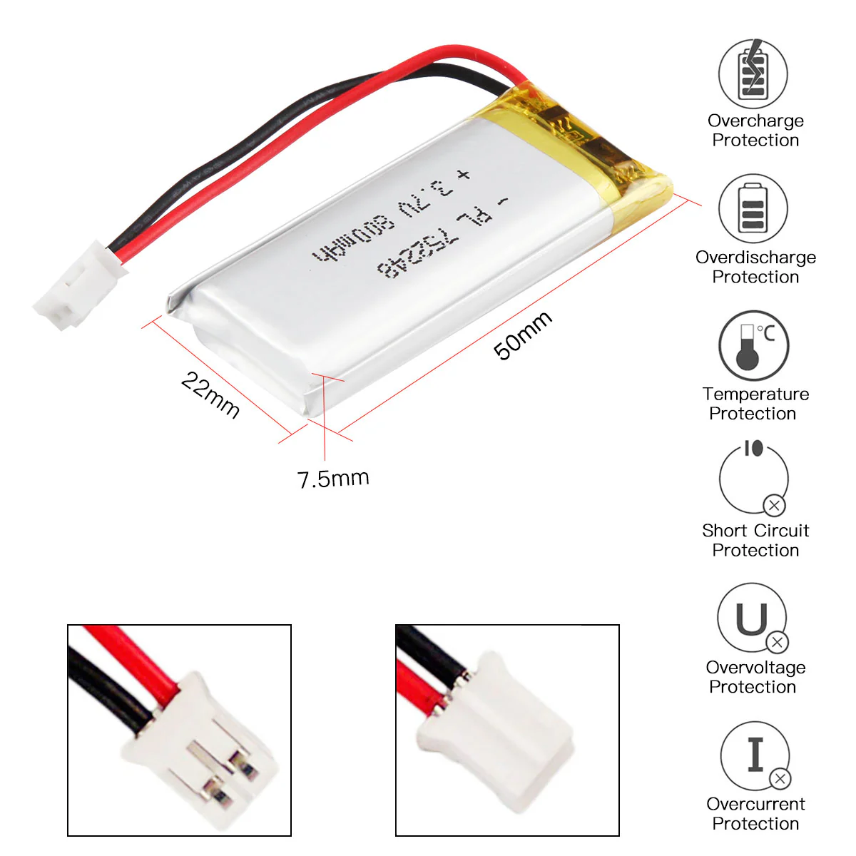 YDL 3.7V 800mAh 752248 Rechargeable Lithium Polymer Battery - Image 3