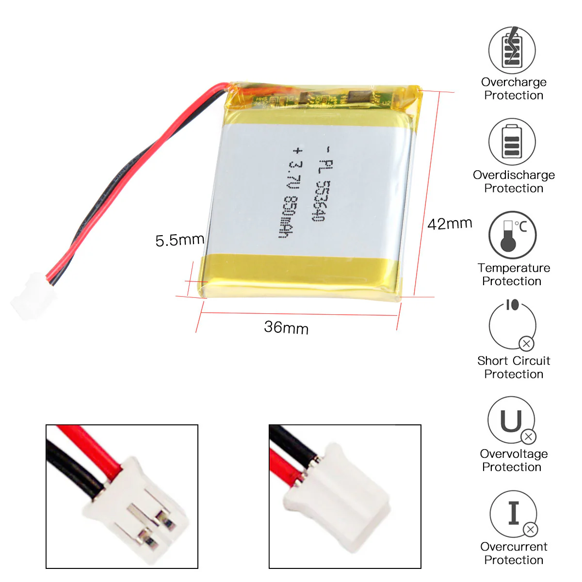 YDL 3.7V 850mAh 553640 Rechargeable Lipo Battery Length 42mm - Image 3
