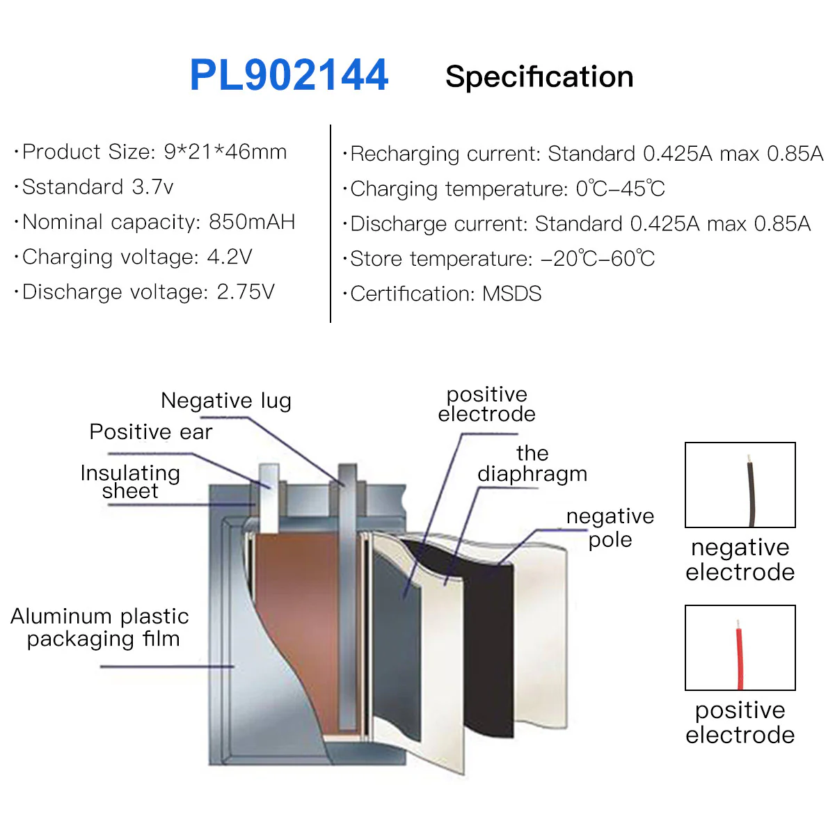 YDL 3.7V 850mAh 902144 Rechargeable Lithium  Polymer Battery - Image 8