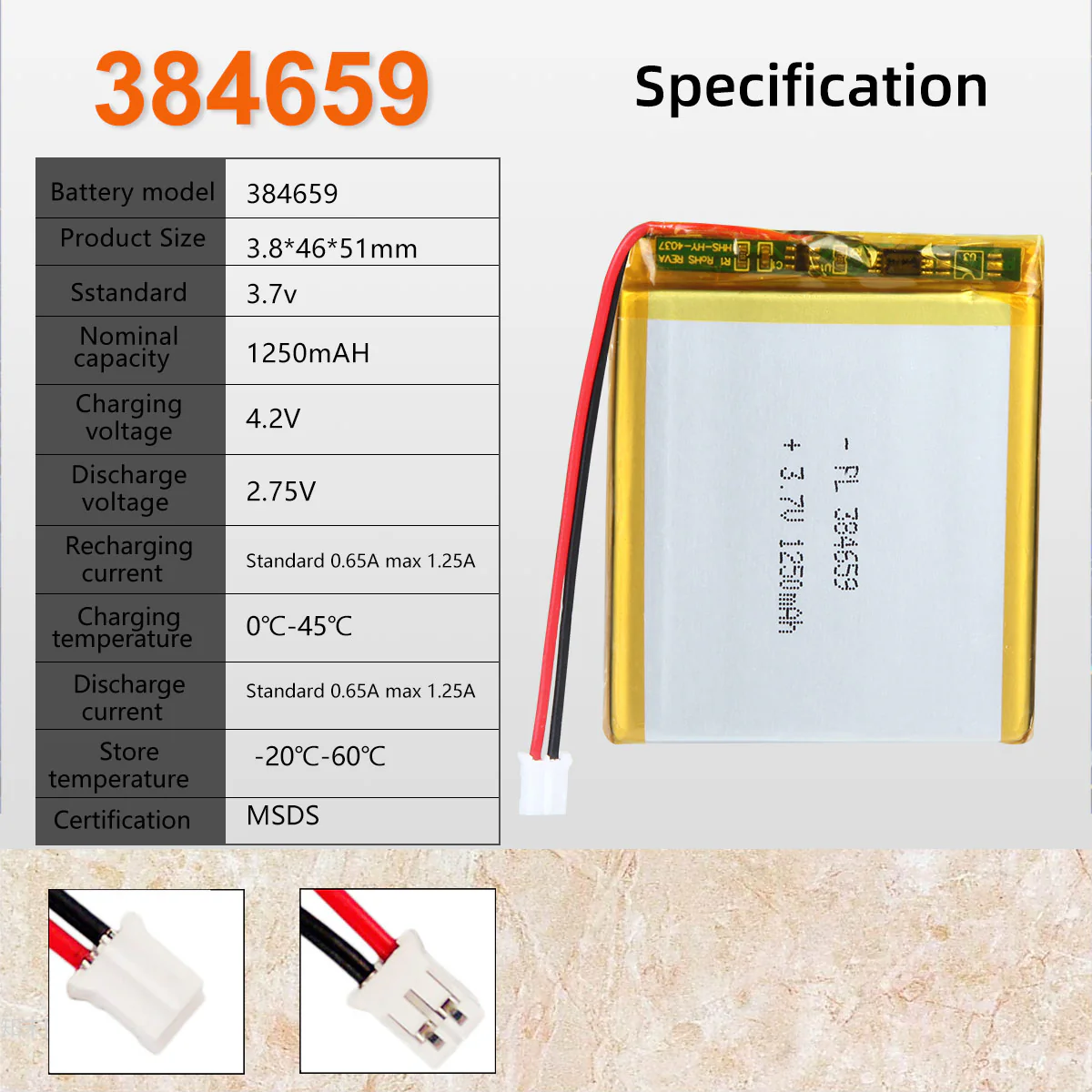 3.7V 1250mAh 384659 Rechargeable Lithium Polymer Battery - Image 6