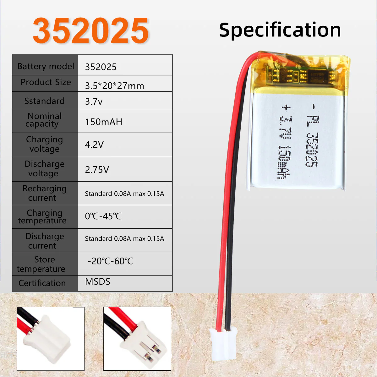 3.7V 150mAh 352025 Rechargeable Lithium Polymer Battery - Image 6