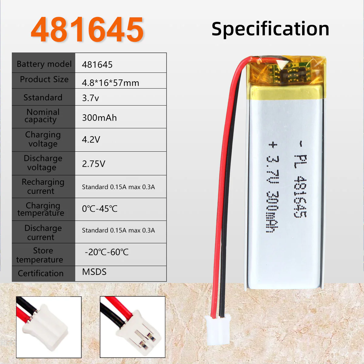 3.7V 300mAh 481645 Rechargeable Lithium Polymer Battery - Image 6