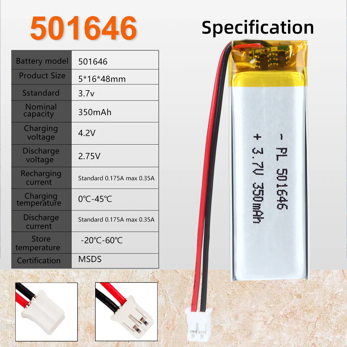 3.7V 350mAh 501646 Rechargeable Lithium Polymer Battery - Image 2