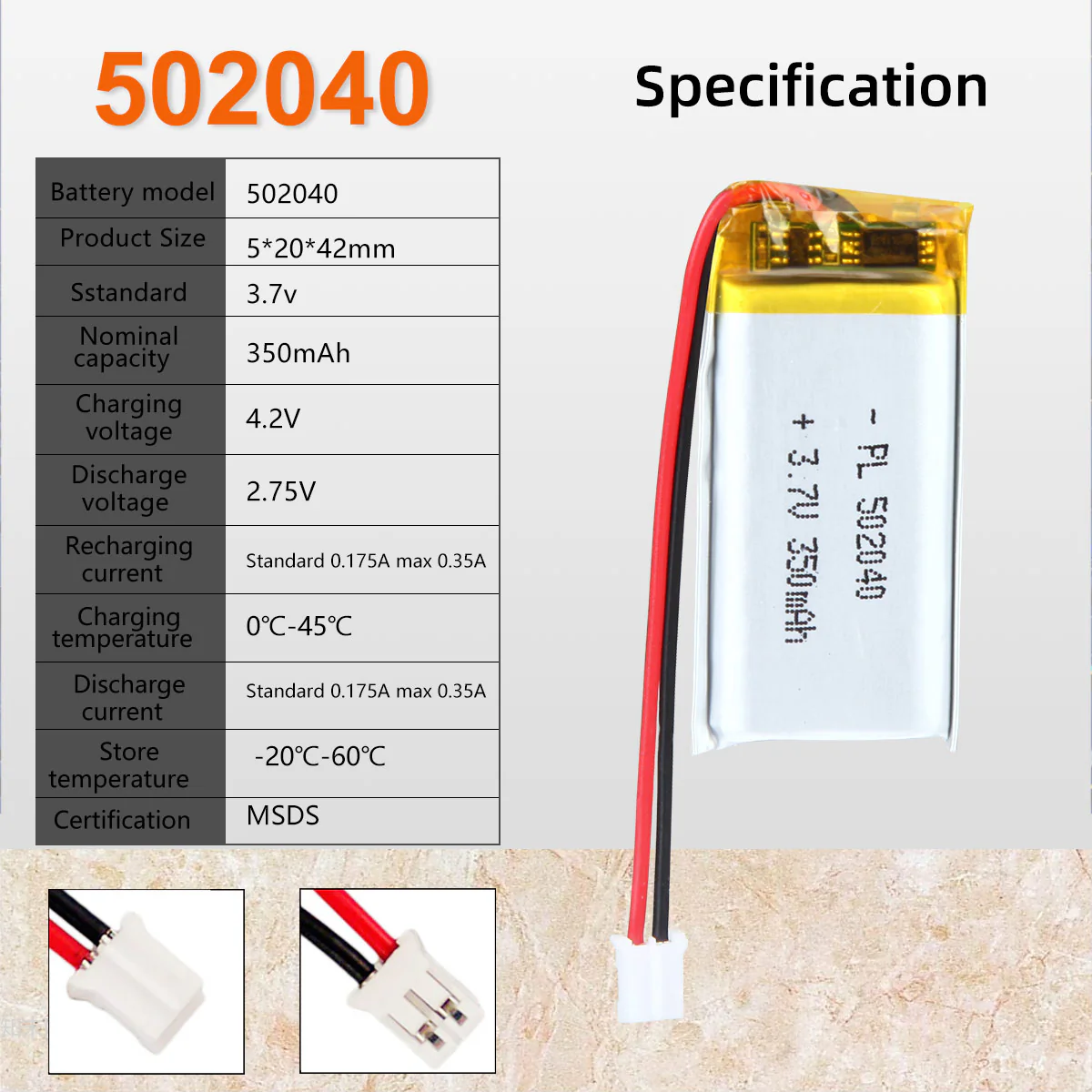 3.7V 350mAh 502040 Rechargeable Lithium Polymer Battery - Image 2