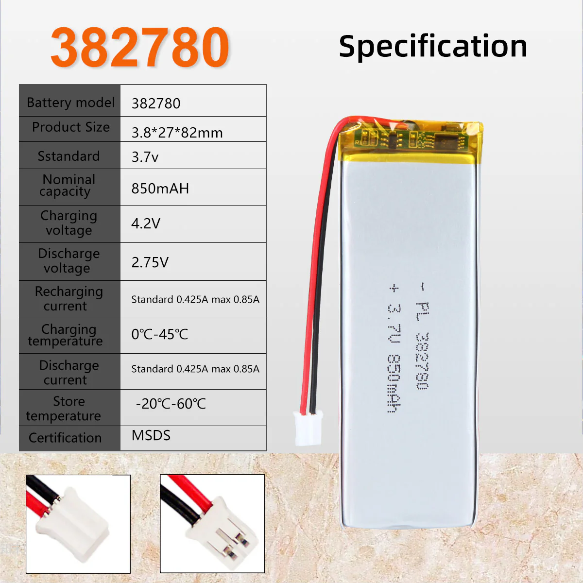3.7V 382780 850mAh Rechargeable Lithium Polymer Battery - Image 6
