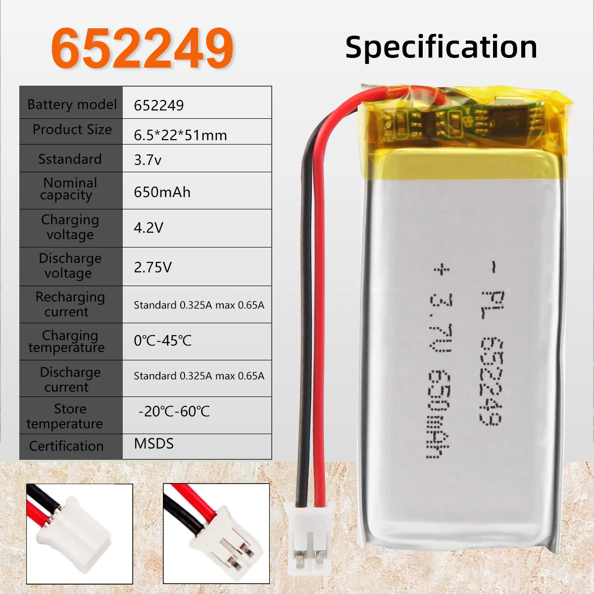 3.7V 652249 650mAh Rechargeable Lithium Polymer Battery - Image 2
