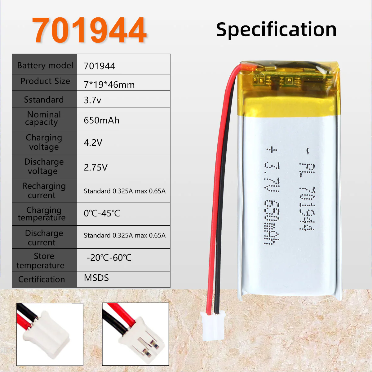 3.7V 701944 650mAh Rechargeable Lithium Polymer Battery - Image 2