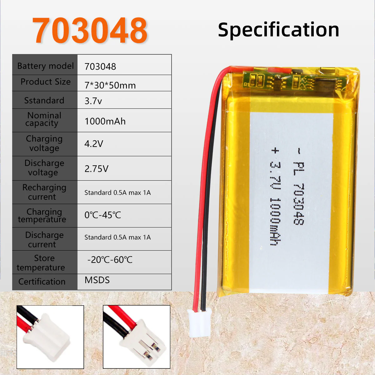 3.7V 703048 1000mAh Rechargeable Lithium Polymer Battery - Image 3