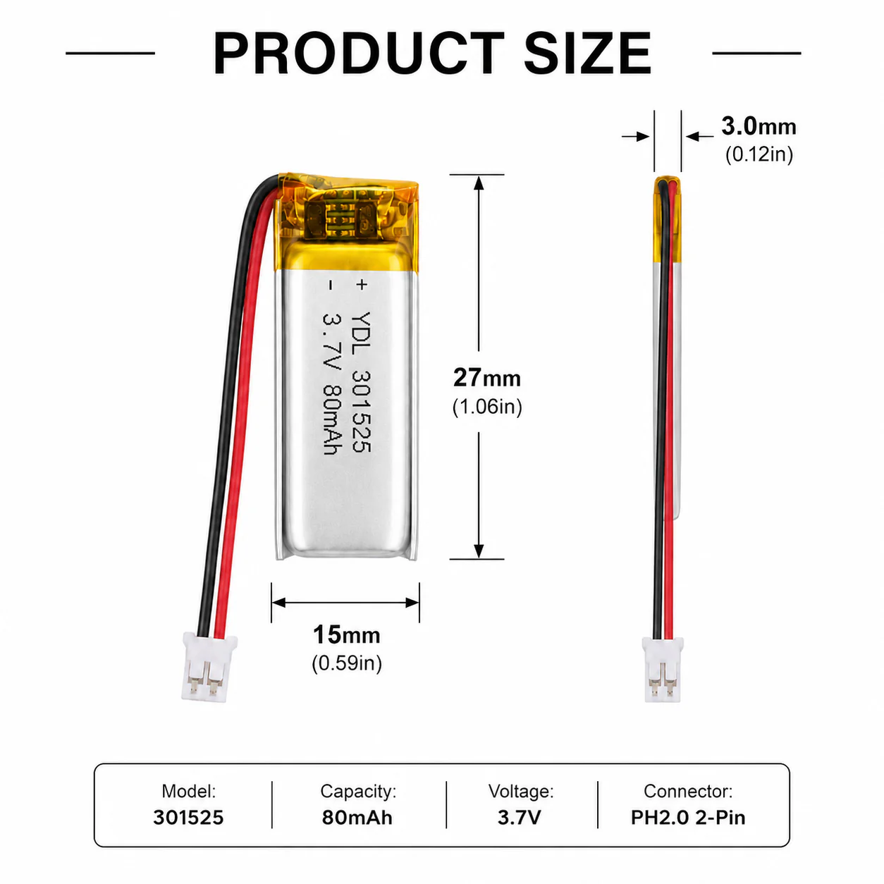 YDL 3.7V 80mAh 301525 Rechargeable Lithium  Polymer Battery - Image 2